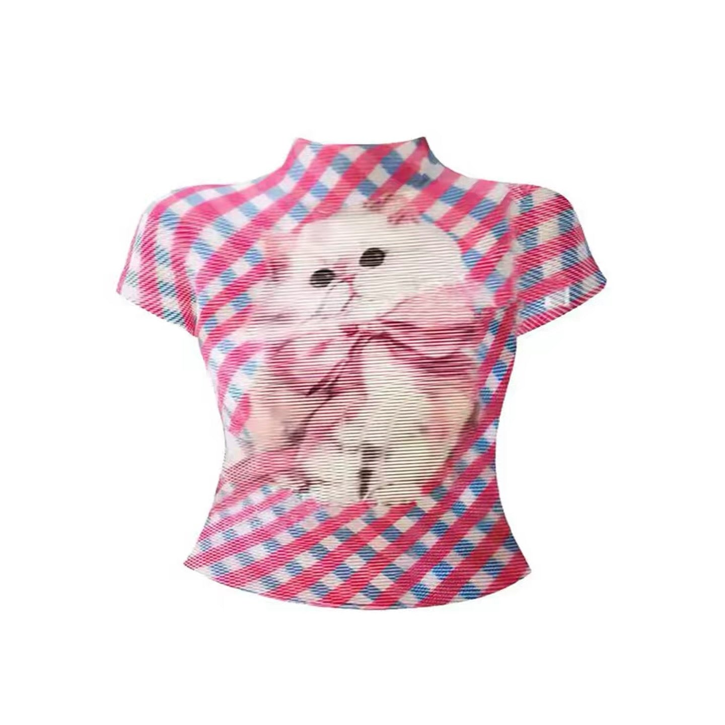 Vintage Kitten Print Pleated Mesh Top - Y2K Gingham Plissé Mock Neck Tee