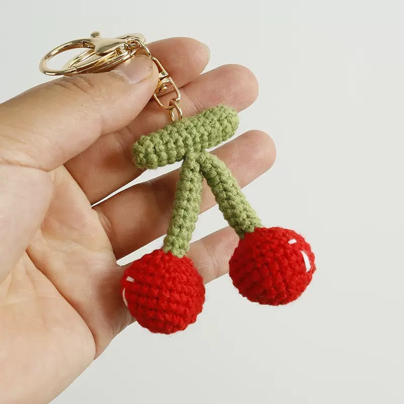 Handmade Crochet Cherry Keychain – Cute Yarn Fruit Bag Charm Pendant