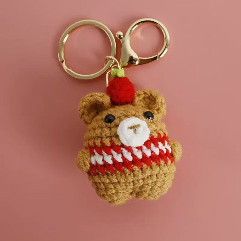 Handmade Crochet Bear Keychain – Cute Brown Yarn Plush Animal Bag Charm with Red Party Hat
