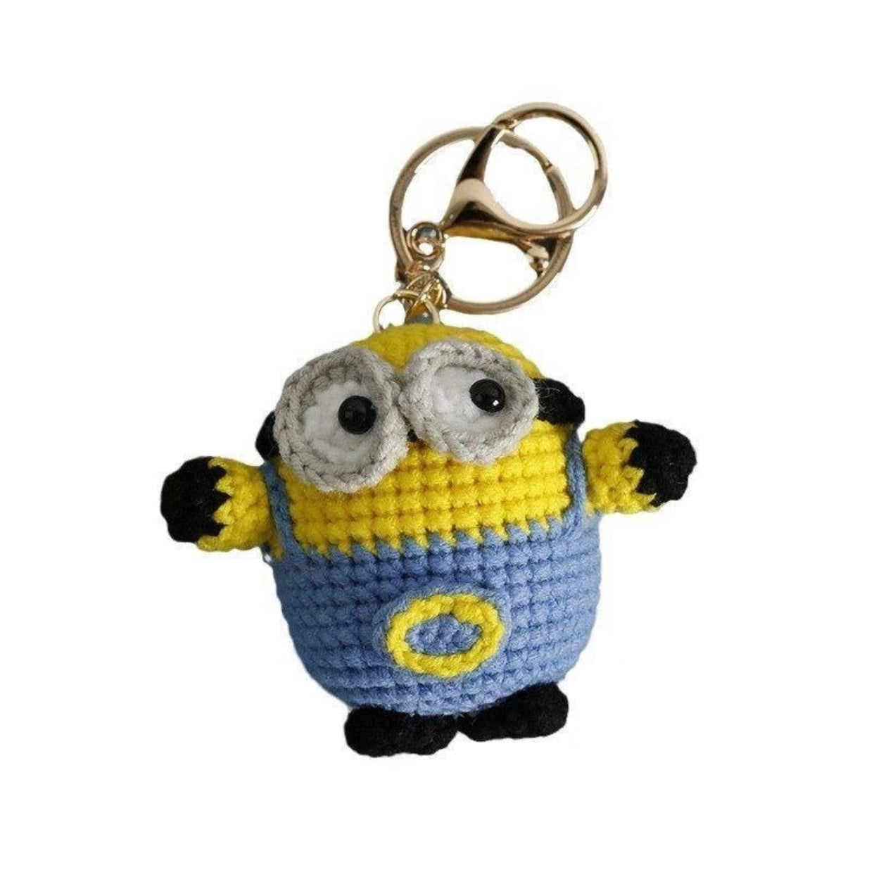 Handmade Crochet Minion Keychain – Cute Yellow & Blue Yarn Plush Cartoon Character Bag Charm with Big Eyes