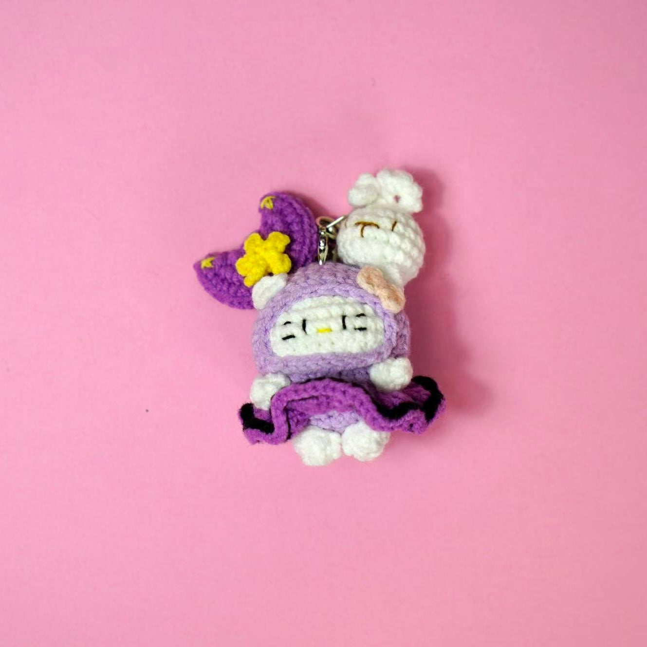 Handmade Crochet Kuromi Style Hello Kitty Charm
