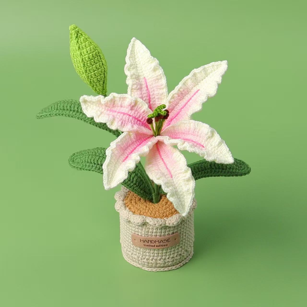 Handmade Crochet Pink-White Lily Pot
