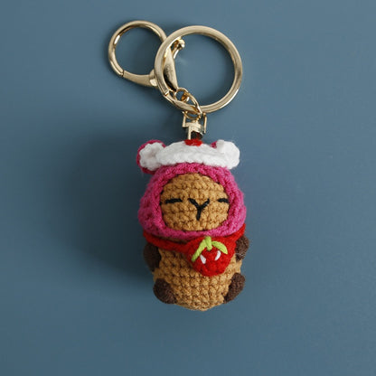 Handmade Crochet Capybara Keychain – Cute Dressed-Up Yarn Animal Plush Bag Charm