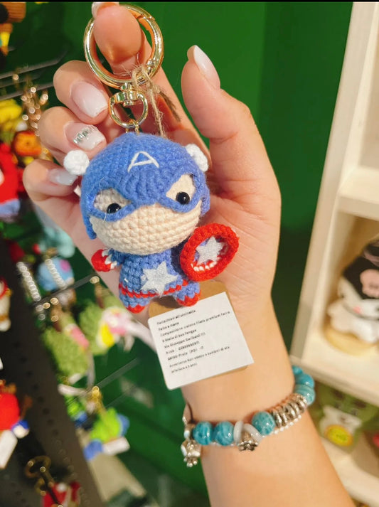 Handmade Crochet Captain America Doll – Cute Red, White & Blue Plush Keychain