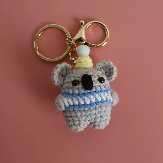 Handmade Crochet Koala Keychain – Cute Gray Yarn Plush Animal Bag Charm with Party Hat