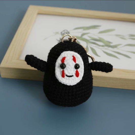 Handmade Crochet No-Face Keychain – Cute Black & White Yarn Plush Anime Spirit Bag Charm with Mask Face