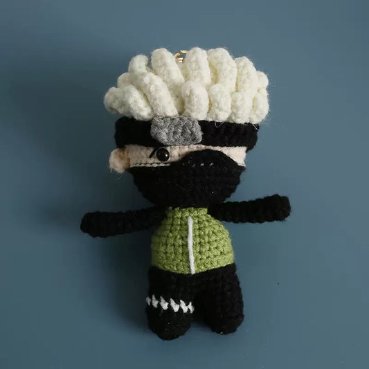 Handmade Crochet Kakashi Doll Keychain – Cute Gray & Blue Plush Ninja Bag Charm