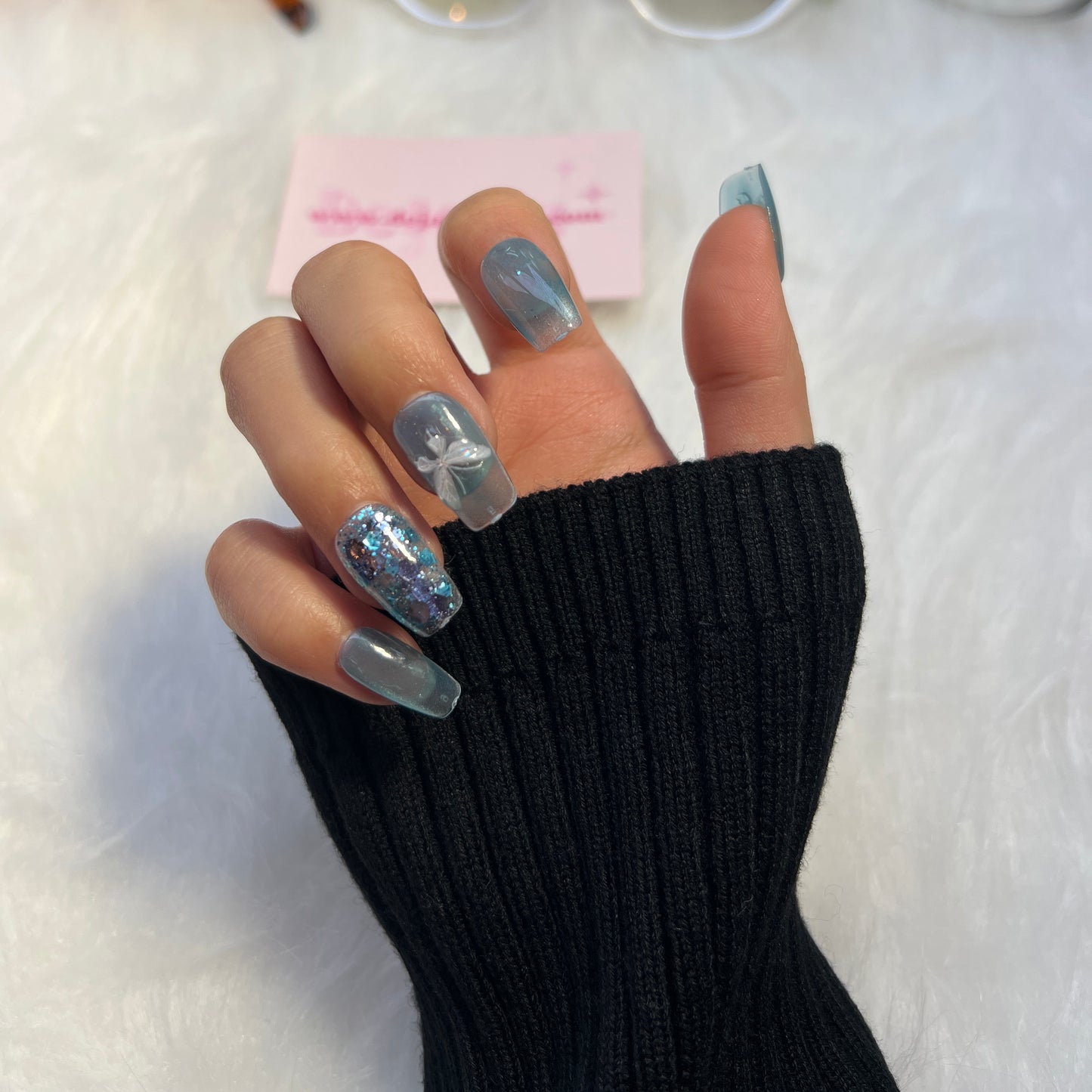 94 Blue Silver Butterfly Nails