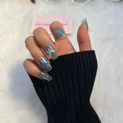 94 Blue Silver Butterfly Nails