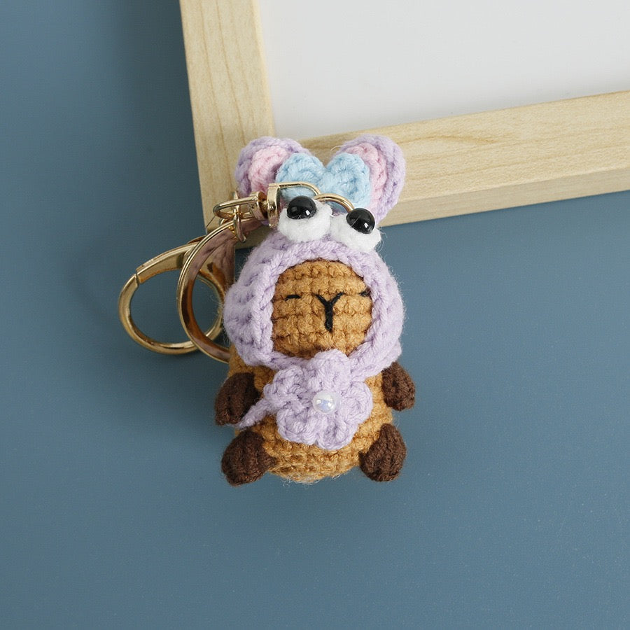 Handmade Crochet Capybara Keychain – Cute Dressed-Up Yarn Animal Plush Bag Charm