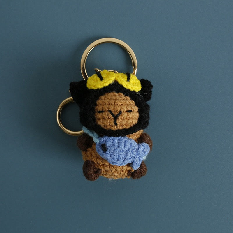 Handmade Crochet Capybara Keychain – Cute Dressed-Up Yarn Animal Plush Bag Charm