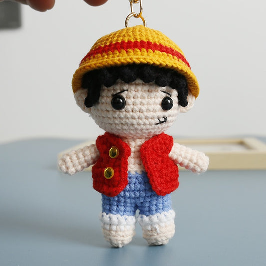 Handmade Crochet Luffy Doll – Cute Red Hat Anime Plush Keychain Pirate Toy