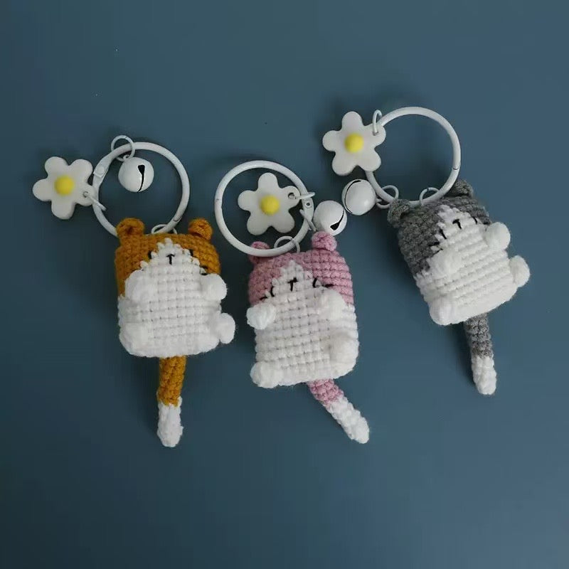 Handmade Crochet Cat Keychains – Cute Yarn Plush Kitten Bag Charms with Daisy and Bell
