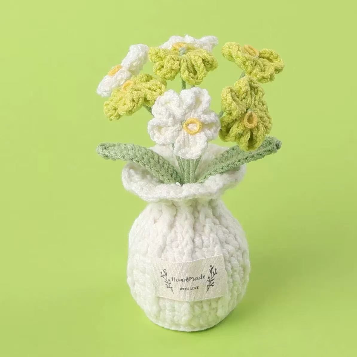 Handmade Crochet Green & White Floral Pot