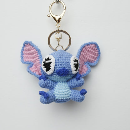 Handmade Crochet Shidi Zai (Stitch) Keychain – Cute Blue Yarn Plush Cartoon Alien Bag Charm with Big Ears