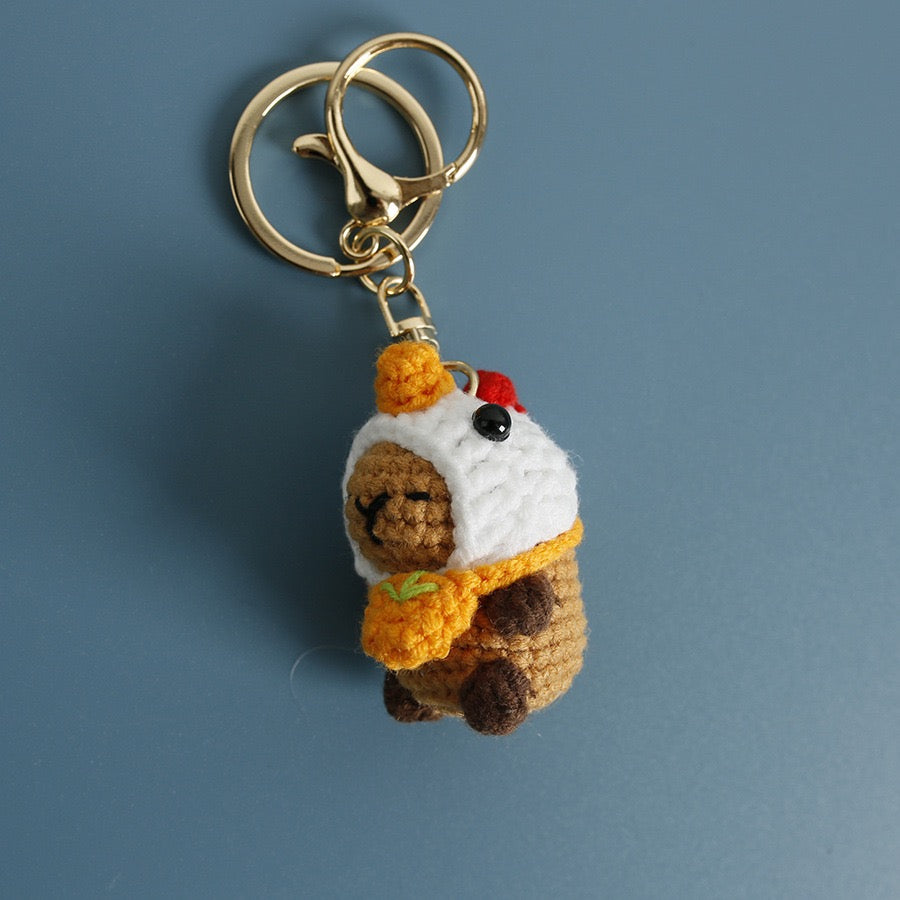 Handmade Crochet Capybara Keychain – Cute Dressed-Up Yarn Animal Plush Bag Charm