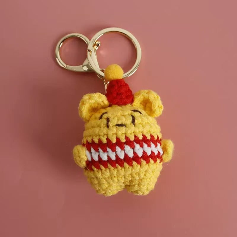 Handmade Crochet Bear Keychain – Cute Yellow Yarn Plush Animal Bag Charm with Red Party Hat