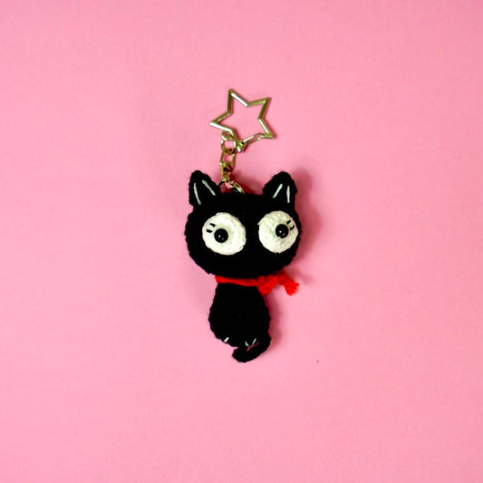 Handmade Crochet Black Cat with Red Scarf Keychain