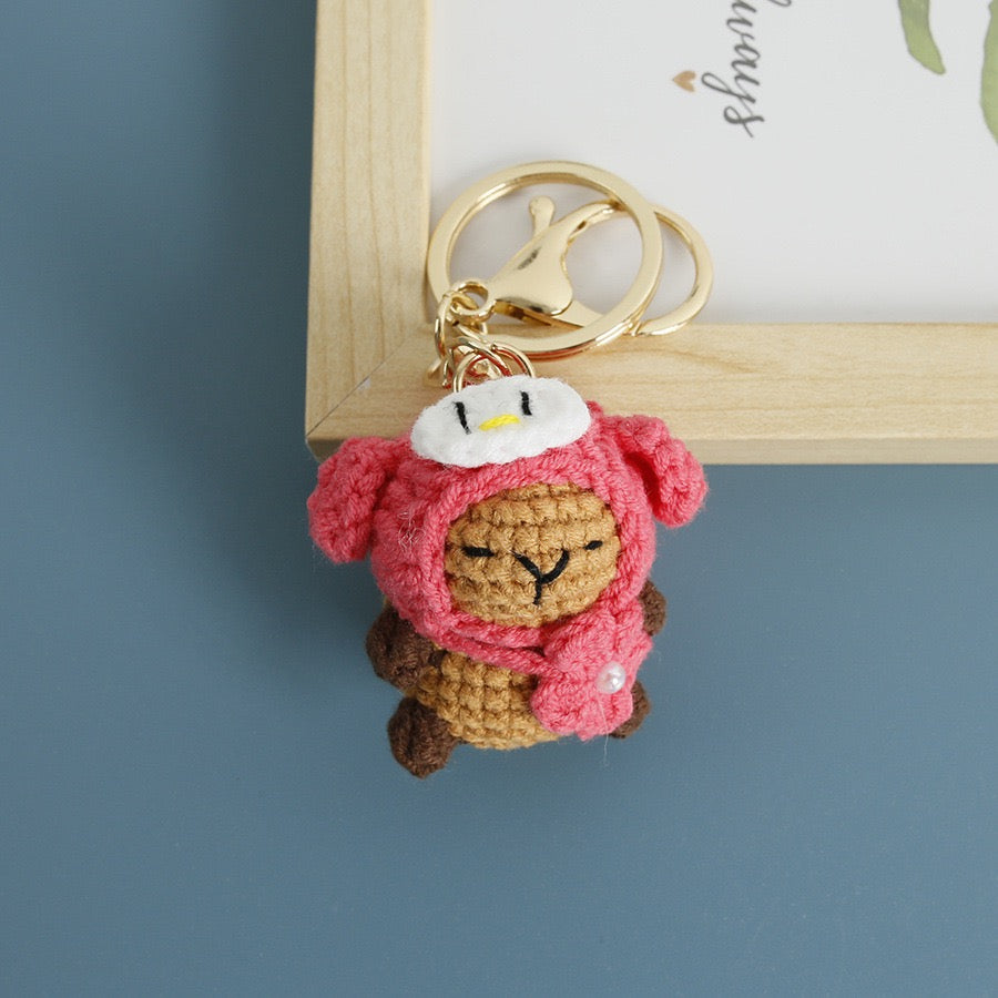 Handmade Crochet Capybara Keychain – Cute Dressed-Up Yarn Animal Plush Bag Charm