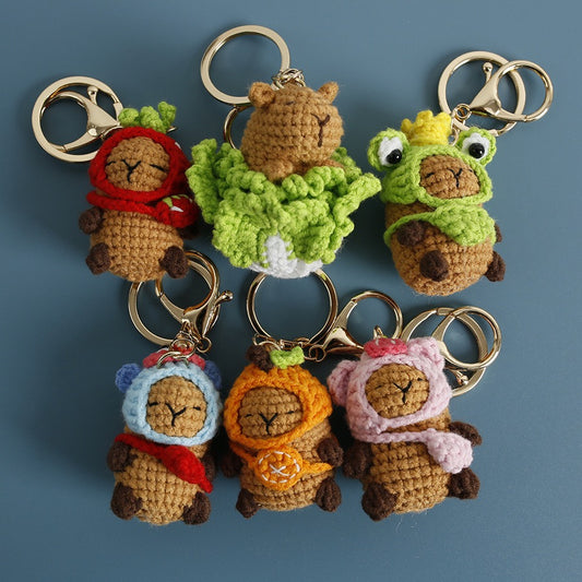 Handmade Crochet Capybara Keychain – Cute Dressed-Up Yarn Animal Plush Bag Charm