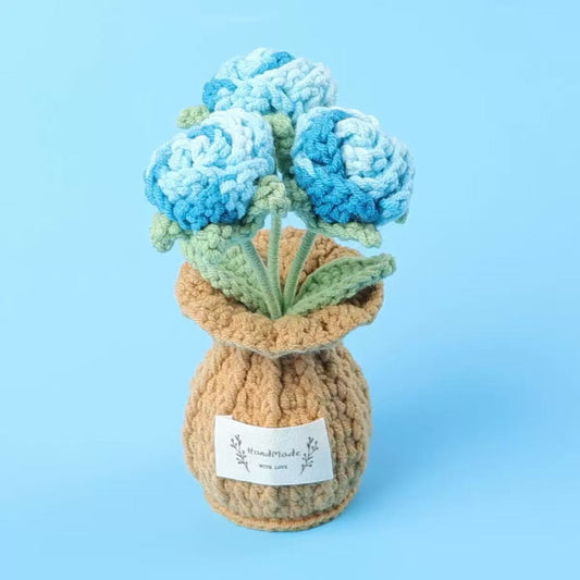 Handmade Crochet Blue Gradient Rose Pot