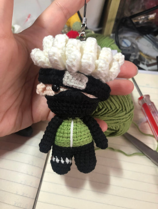 Handmade Crochet Kakashi Doll Keychain – Cute Gray & Blue Plush Ninja Bag Charm