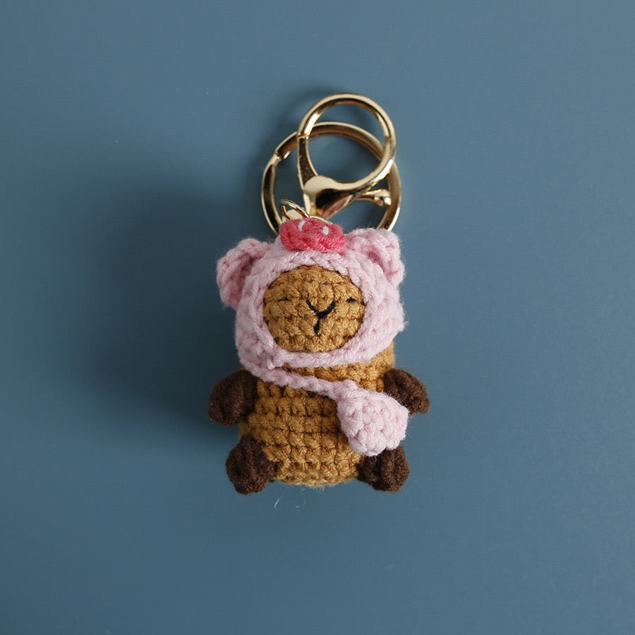 Handmade Crochet Capybara Keychain – Cute Dressed-Up Yarn Animal Plush Bag Charm