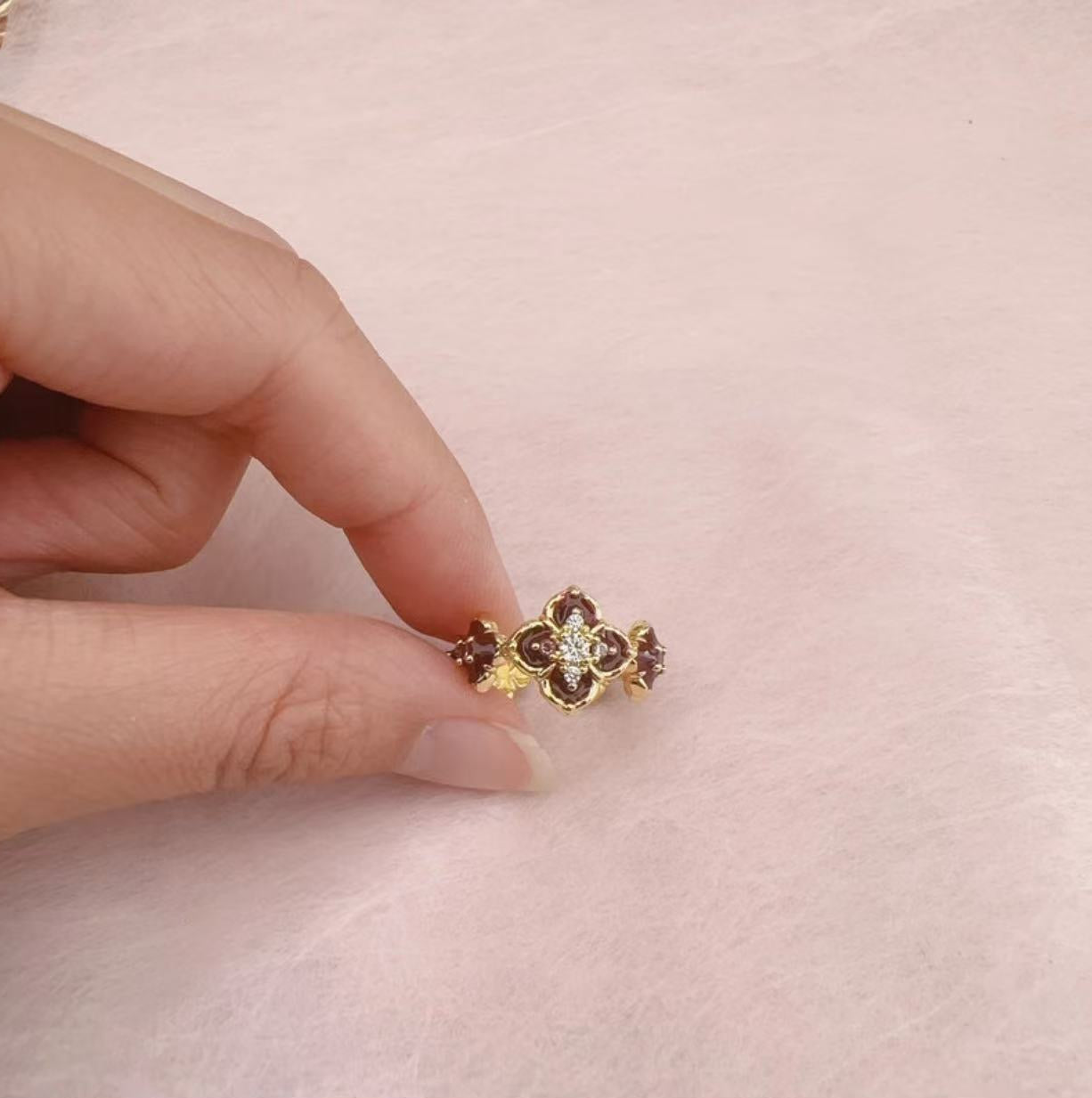 Vintage Deep Red Clover Lucky Ring