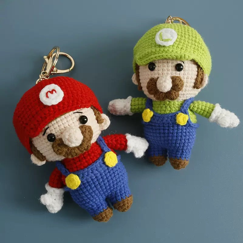 Handmade Crochet Mario Doll – Cute Red & Blue Yarn Plush Keychain