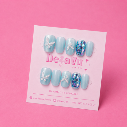 94 Blue Silver Butterfly Nails