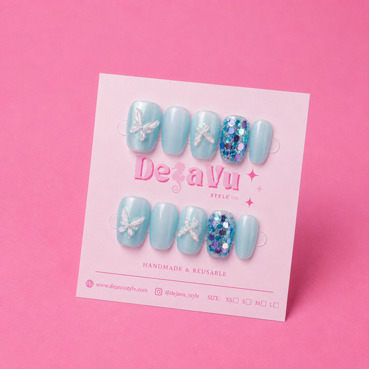 94 Blue Silver Butterfly Nails