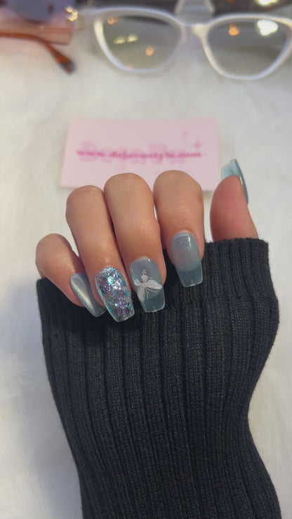 94 Blue Silver Butterfly Nails